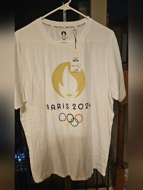 Paris 2024 Olympics Logo Tee - White with Gold & Multicolor Rings